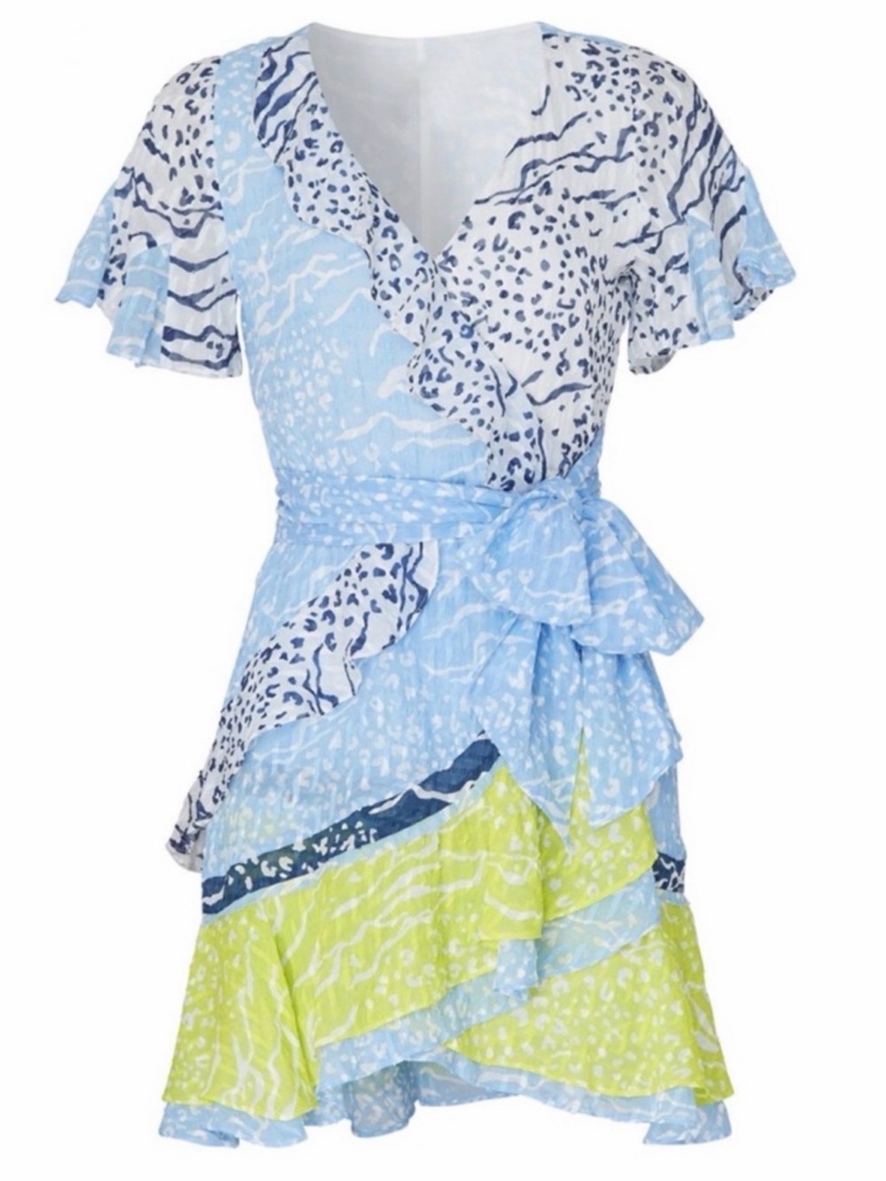 Tanya Taylor Silk Sky Blue & Lime Ruffle Wrap Mini Dress